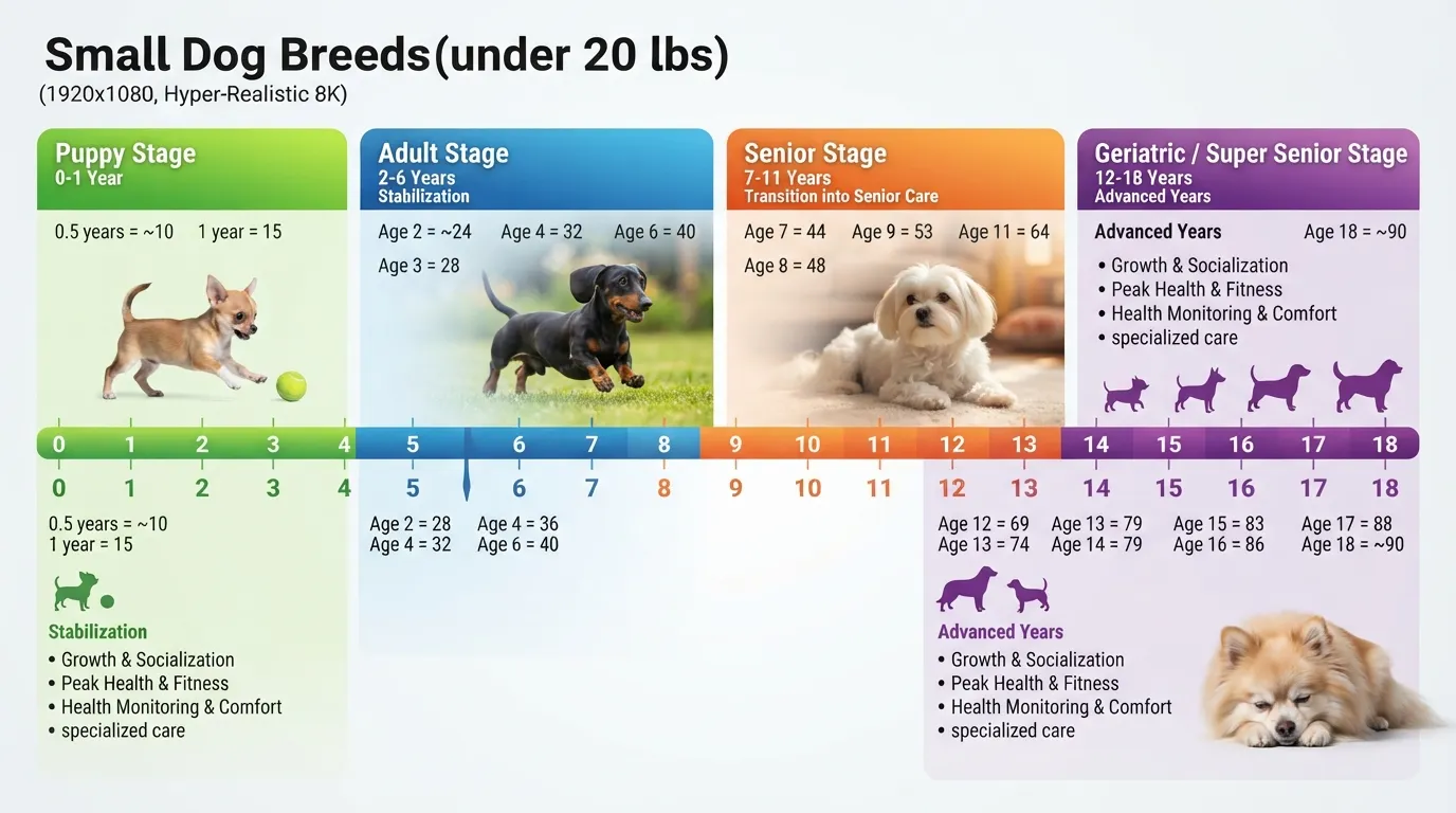 Chart converting 18 small dog years to human years across puppy, adult, and senior life stages.