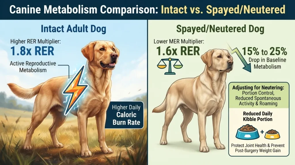 Side-by-side comparison diagram showing a 20% metabolic slowdown and daily calorie reduction in spayed or neutered dogs versus intact adult dogs.