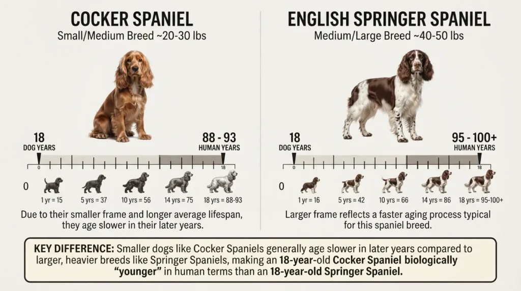 Side-by-side comparison chart showing 18 dog years converted to human years by size for a English Springer Spaniel vs a Cocker Spaniel.