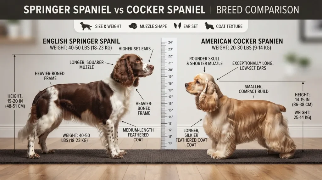 Side-by-side comparison of an English Springer Spaniel and an English Cocker Spaniel, highlighting physical differences in height, muzzle shape, and ear length.