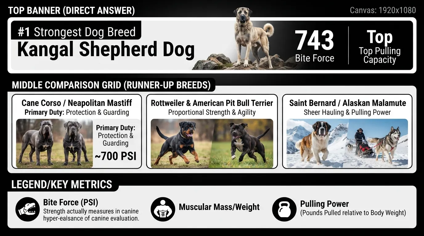 Infographic chart comparing top strong dog breeds including Kangal, Cane Corso, and Mastiff by bite force, muscular build, and pulling capacity.