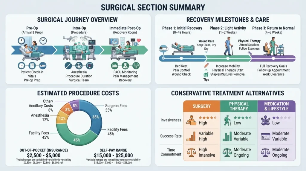 A four-panel infographic detailing surgical expectations: preoperative preparation, a 2-to-6 week recovery timeline with milestones, an itemized cost breakdown with insurance coverage, and alternative non-surgical treatment options.