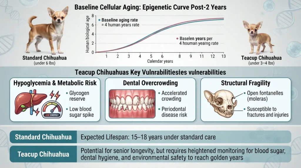 Infographic comparing Teacup Chihuahua and Standard Chihuahua aging curves, showing identical cellular aging rates alongside specific health and structural vulnerabilities that impact overall lifespan.