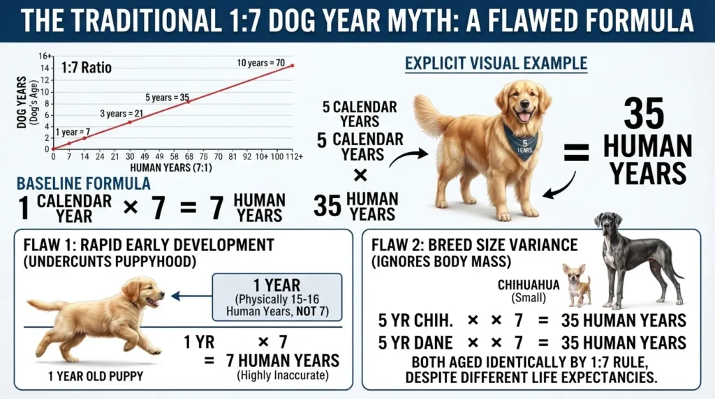 Diagram explaining the traditional 7-year dog age rule showing a 1-to-7 calendar year to human year multiplication formula.