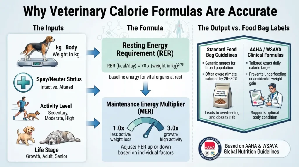 Flowchart showing how veterinary formulas like AAHA and WSAVA calculate a dog's daily calories using Resting Energy Requirement and activity multipliers