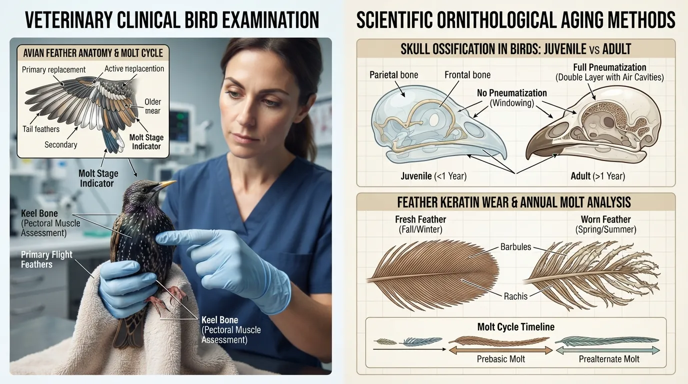 An avian veterinarian examining a bird’s keel bone alongside labeled scientific diagrams showing bird skull ossification stages and feather molt cycles.