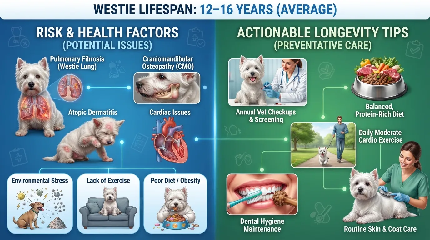 Infographic detailing key factors that affect a West Highland White Terrier's lifespan and actionable tips to improve their health and longevity.