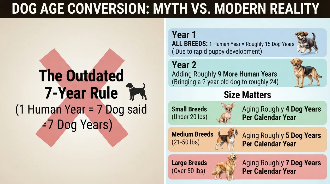 A clean, easy-to-read comparison chart showing what 1 human year equals in dog years based on dog size, contrasting the outdated 7-year rule with accurate veterinary formulas for small, medium, and large dog breeds.