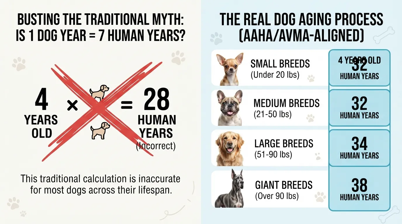 A comparative chart breaking down what 4 human years equals in dog years across small, medium, large, and giant dog breed sizes, using the modern veterinary growth formula.