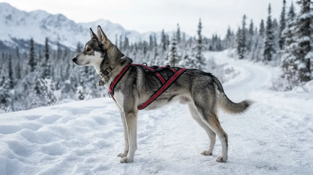 An athletic Alaskan Husky standing in a snowy landscape, showing its lean build, light double coat, and working dog features.