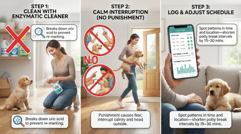 Step-by-step guide showing how to handle a puppy potty accident: clean with enzymatic cleaner, interrupt without scolding, and adjust the potty schedule.