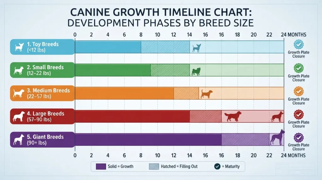 Infographic chart illustrating when puppies stop growing by breed size category from toy to giant breeds.