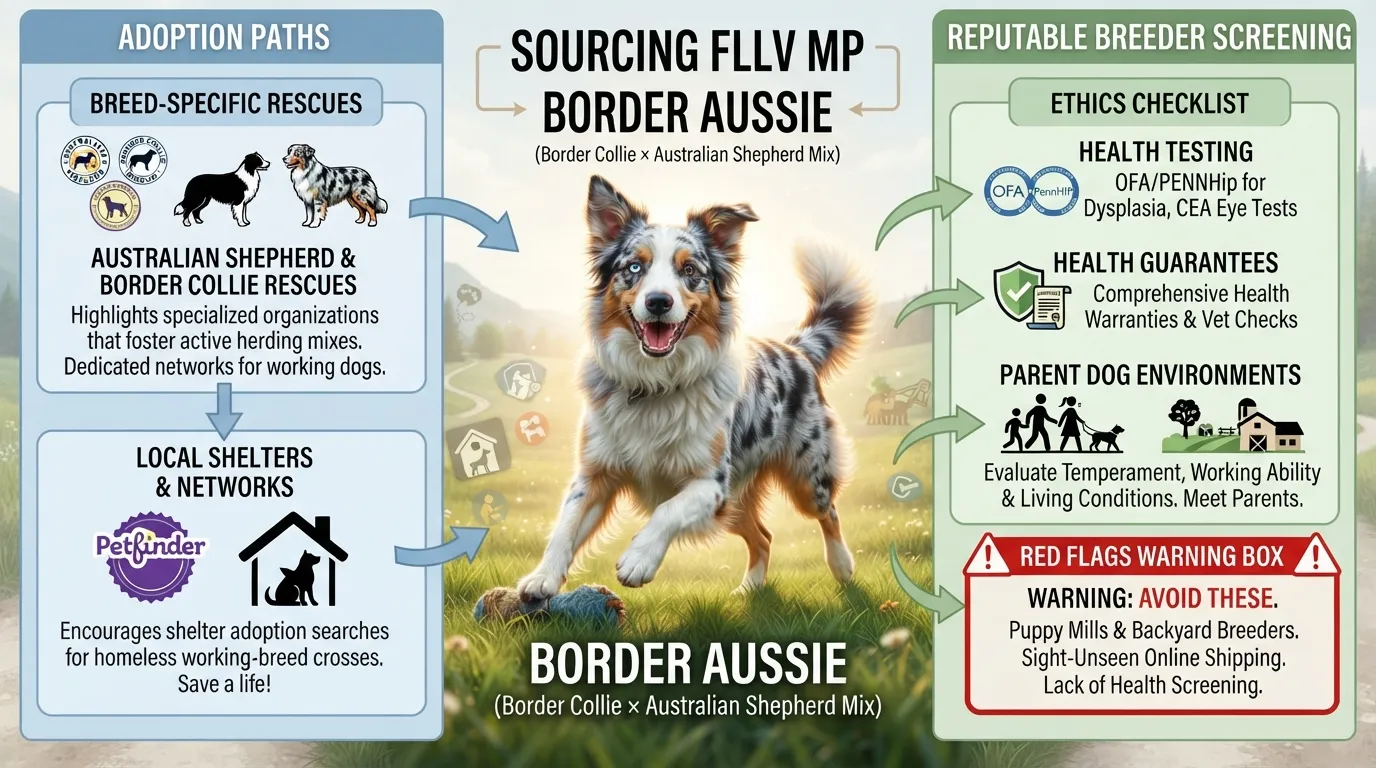 An infographic guide showing verified places to adopt or buy a Border Aussie, including shelters, breed rescues, and ethical breeders.