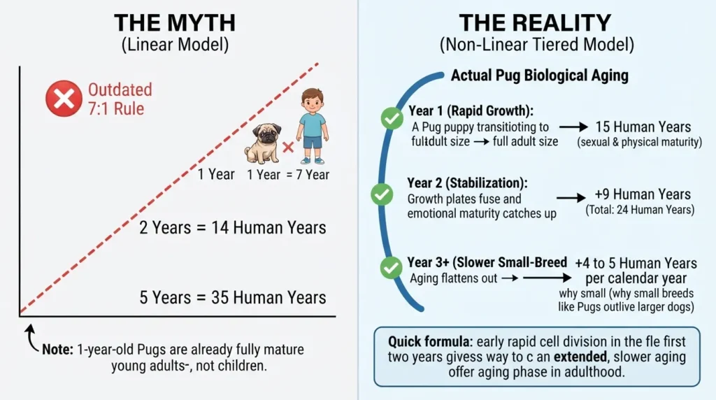 Infographic comparing the linear 7-to-1 dog year myth against actual Pug aging curves, illustrating rapid growth in years 1 and 2 followed by a slower small-breed aging trajectory.