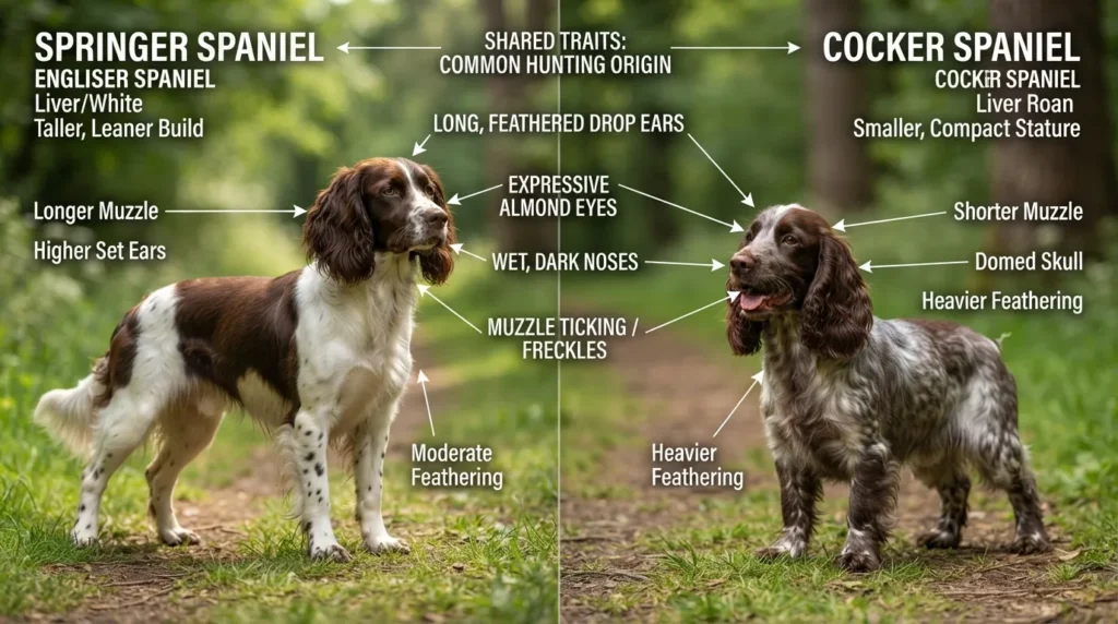 Side-by-side comparison of a Cocker Spaniel and an English Springer Spaniel highlighting shared facial features, ear shapes, and coat patterns that cause visual confusion.