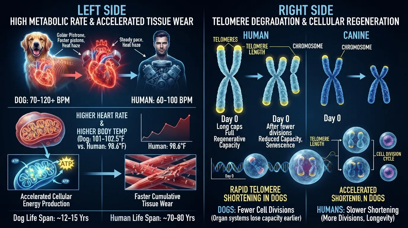 Infographic illustrating why dogs age faster than humans, showing metabolic rate comparison and fast telomere degradation in canine DNA.