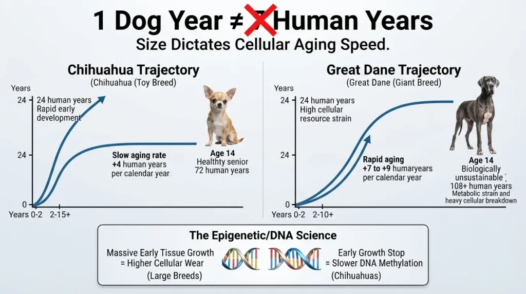 Side-by-side infographic comparing the rapid biological aging of a Great Dane versus the slow cellular aging plateau of a Chihuahua, disproving the traditional 1 dog year equals 7 human years rule.