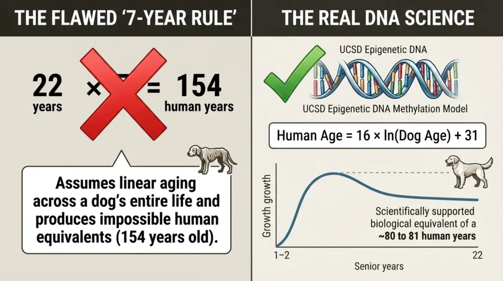 Infographic comparing the traditional 7-year dog age formula with the accurate UCSD DNA methylation logarithmic curve, showing why the 7-year rule fails for senior dogs.
