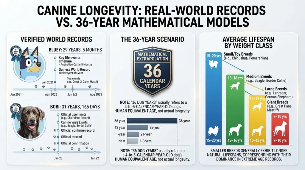 Infographic comparing verified world record oldest dogs Bluey and Bobi against the mathematical 36 dog years benchmark and average canine lifespans by breed size.