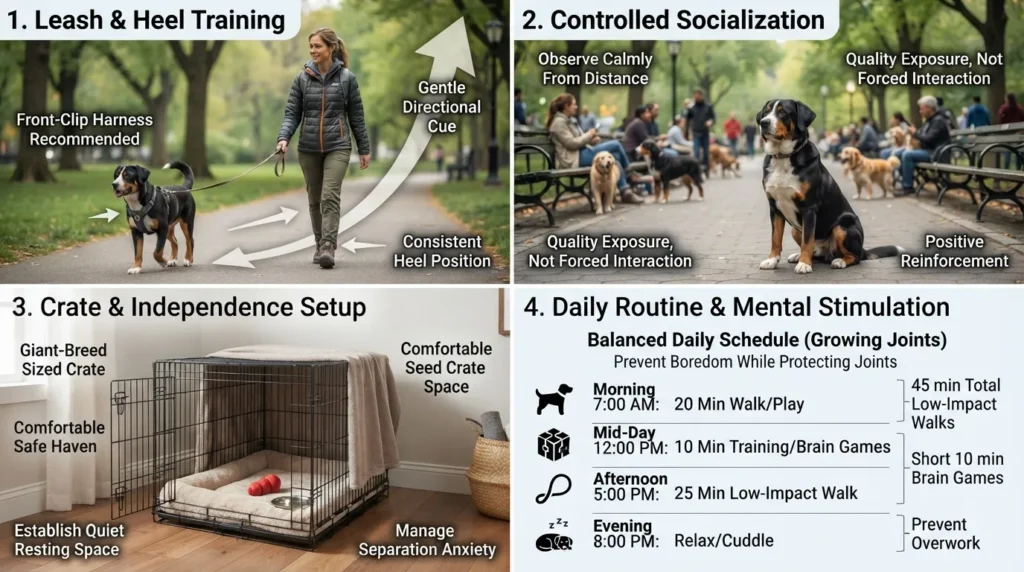 A side-by-side visual guide showing essential training steps for a Greater Swiss and Bernese Mountain Dog mix, including early leash training, socialization, crate setup, and daily exercise routines.