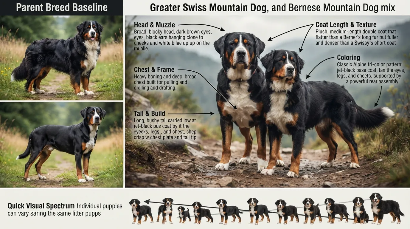 Infographic breakdown showing the core temperament traits of a Greater Swiss Bernese mix, including family devotion, calm indoor demeanor, alertness, and working intelligence.