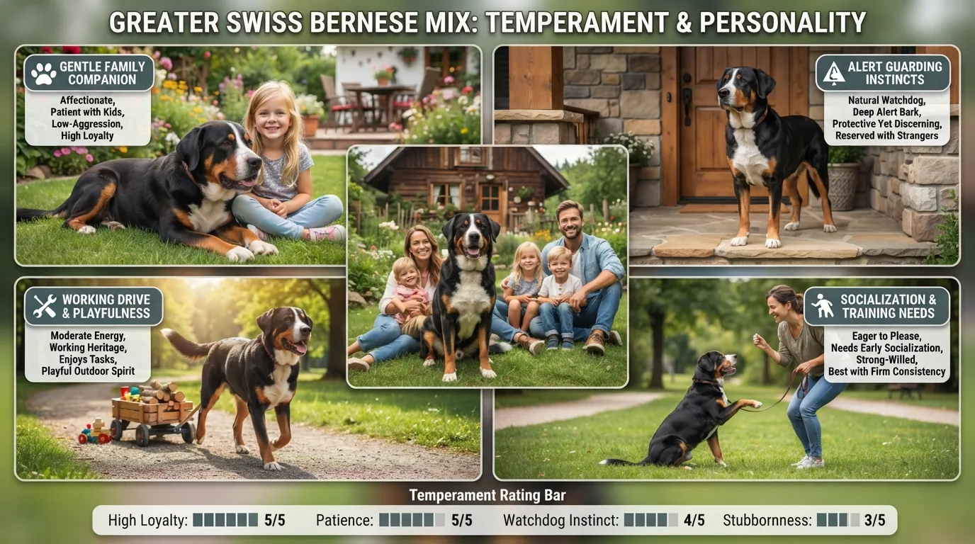 Infographic breakdown showing the calm temperament, family loyalty, protective instincts, and socialization traits of a Greater Swiss Bernese mix dog.