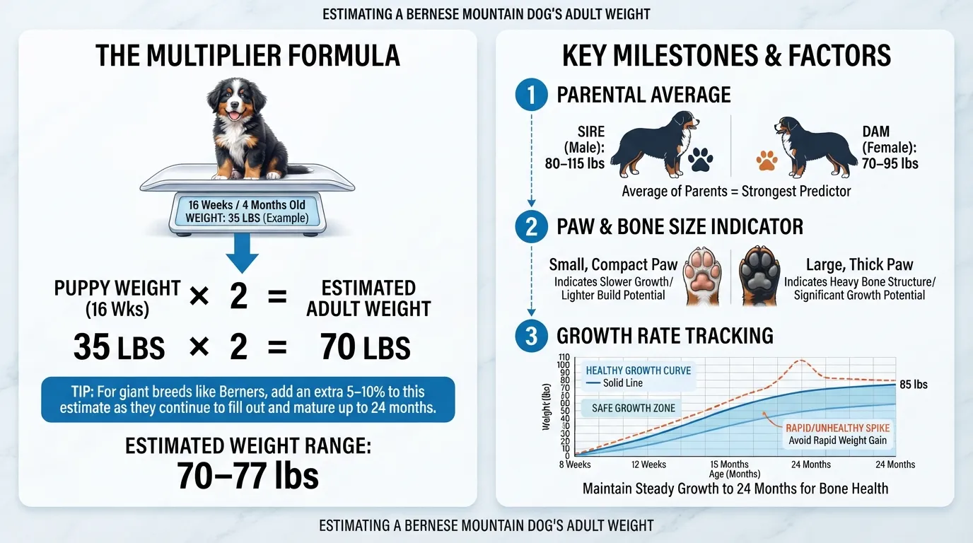 A detailed visual guide showing how to calculate a Bernese Mountain Dog puppy's predicted adult weight using simple growth multiplier formulas and body size milestones.