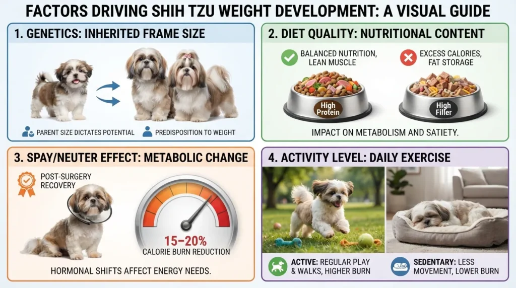 An educational diagram showing the four main factors that influence a Shih Tzu's weight: genetics, diet quality, spay or neuter status, and daily exercise level.