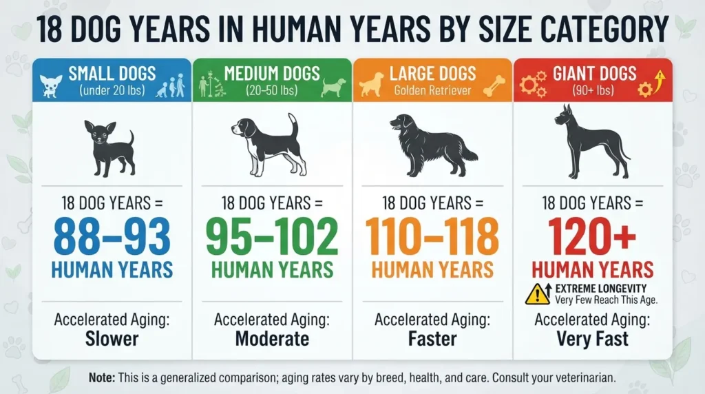 Comparison chart converting 18 dog years to human years across small, medium, large, and giant dog breed sizes.