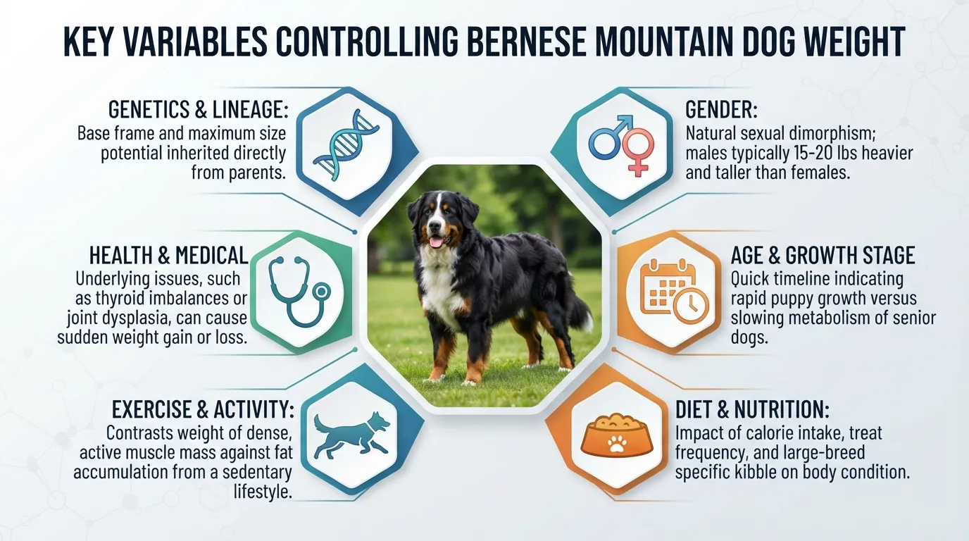 An infographic illustrating the six primary factors that influence a Bernese Mountain Dog's weight: genetics, gender, age, daily diet, exercise levels, and overall health condition.