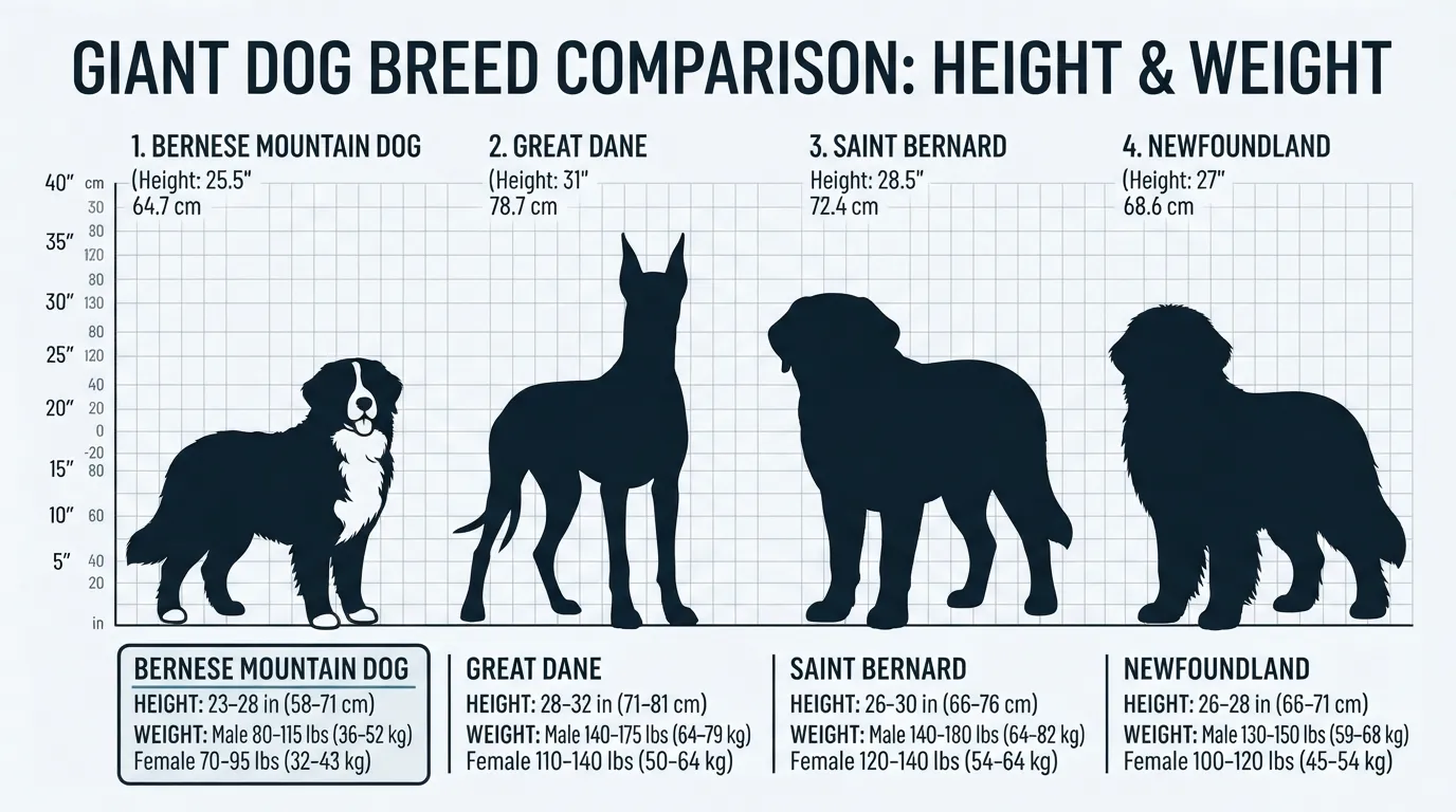 Side-by-side silhouette comparison showing adult Bernese Mountain Dog weight and height compared to Great Dane, Saint Bernard, and Newfoundland breeds.