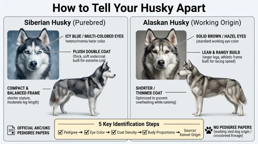 Side-by-side identification checklist diagram comparing eye color, coat density, body build, and pedigree traits of a Siberian Husky and an Alaskan Husky.