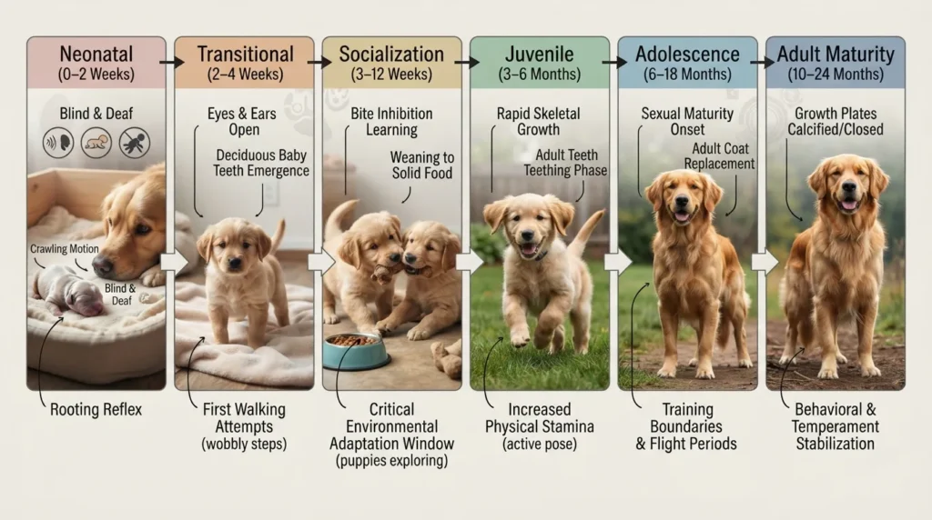 Comprehensive puppy growth stages chart showing physical and behavioral milestones from birth (neonatal phase) through juvenile, adolescence, and full adult maturity.