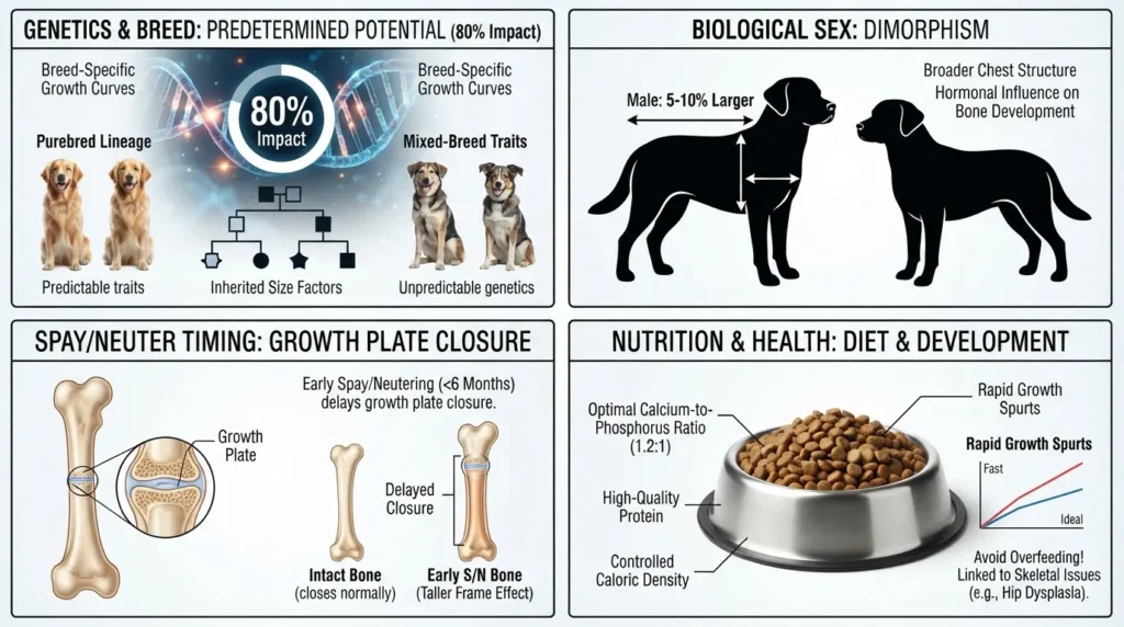 Infographic illustrating the four key factors influencing how big a dog gets, including genetics, gender differences, spay or neuter timing, and puppy nutrition.