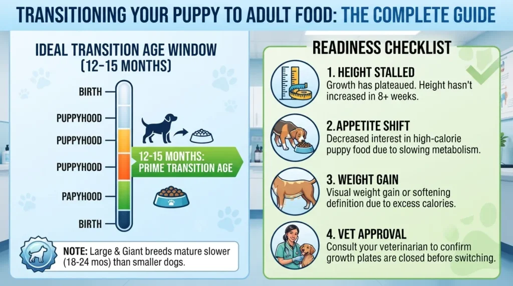 Infographic showing a Golden Retriever at 12 to 15 months old next to a checklist of readiness signs for switching from puppy to adult dog food.