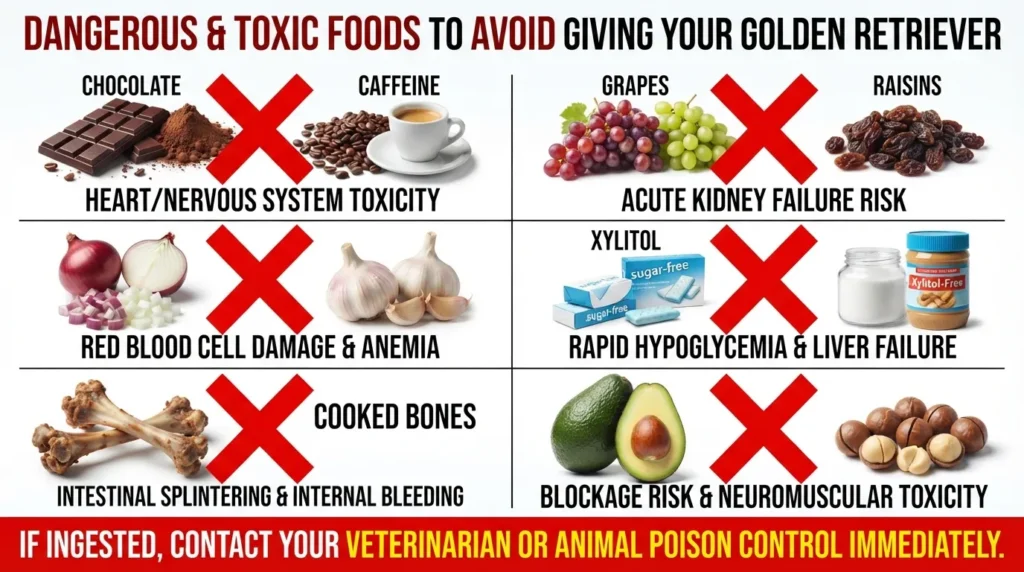 A clean visual guide displaying dangerous and toxic foods for Golden Retrievers including chocolate, grapes, raisins, onions, garlic, xylitol, and cooked bones with red warning symbols.