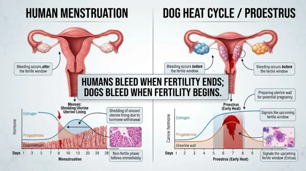 Comparison diagram showing the key biological differences between a human period and a dog's heat cycle during proestrus.