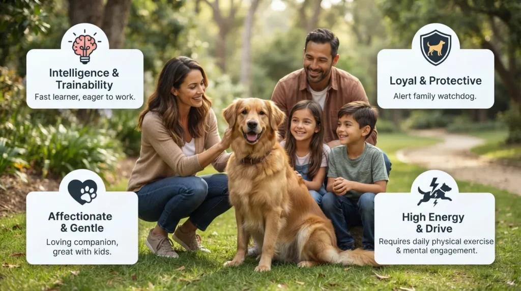 Visual summary of a German Shepherd Golden Retriever mix displaying key personality traits including loyalty, high intelligence, affectionate nature with family, and high energy.