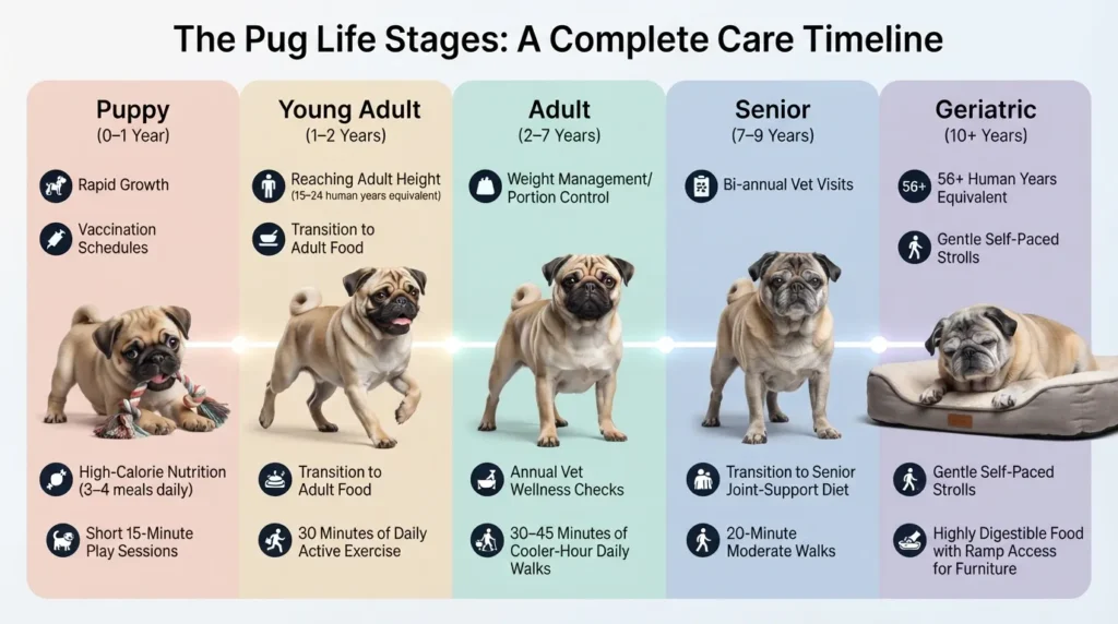 Infographic breakdown of a Pug's 5 life stages from puppy to senior, showing human age equivalents, key developmental milestones, and daily care needs for each phase.