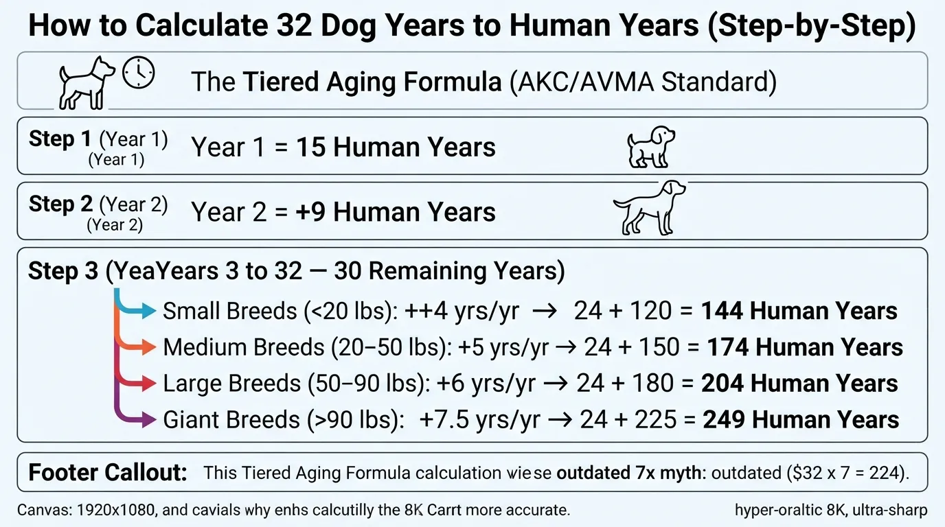 Step-by-step breakdown chart showing how to calculate 32 dog years in human years using the AKC tiered formula across small, medium, large, and giant breed sizes.