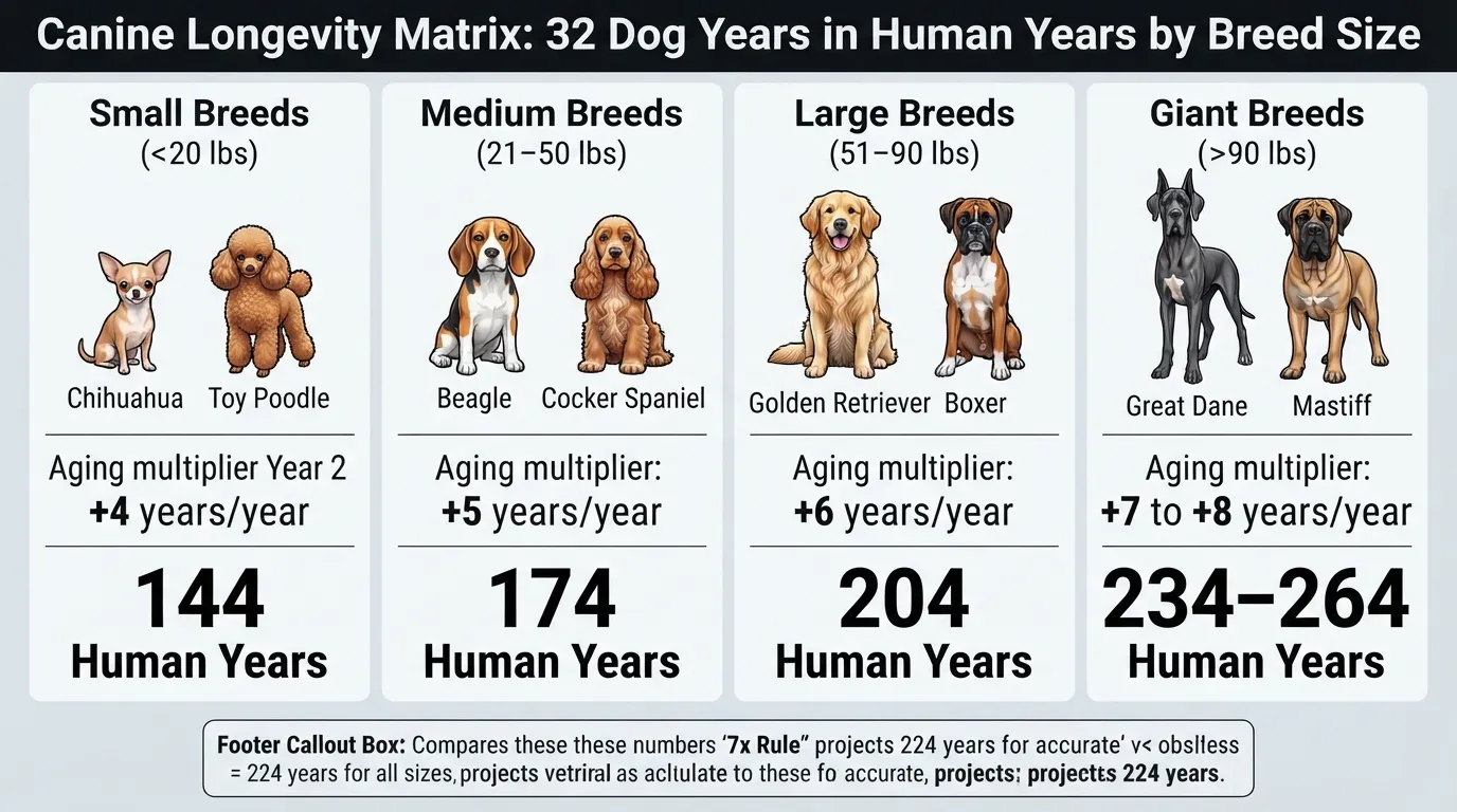 Comparison chart showing how 32 dog years translates to human age equivalents across small, medium, large, and giant breed sizes using veterinary aging formulas.