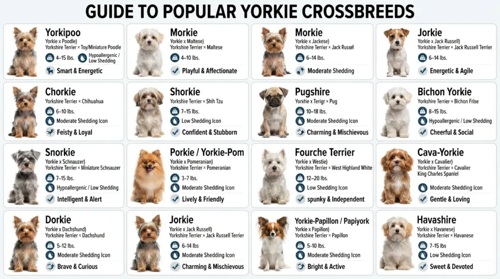 An infographic grid showcasing 14 popular Yorkie mix breeds, featuring photo panels of each hybrid alongside their mix name, parent breed origins, and average adult size.