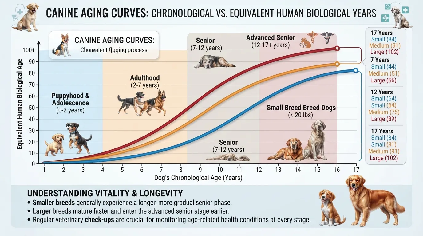 A detailed comparison chart illustrating how old a 17-year-old dog is in human years broken down by small, medium, and large dog breeds.