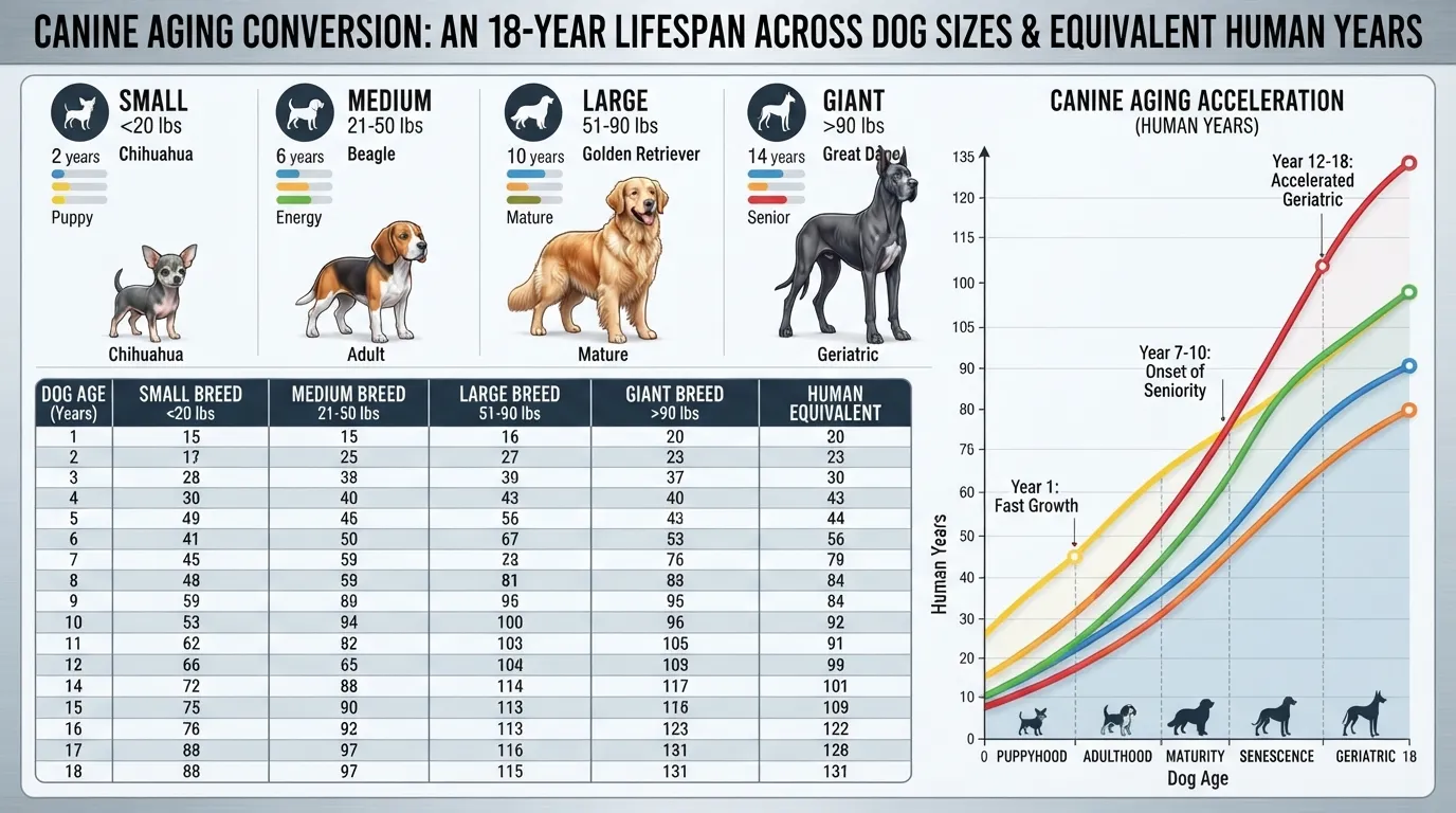 Infographic chart comparing 18 dog years to human years categorized by small, medium, and large dog sizes.