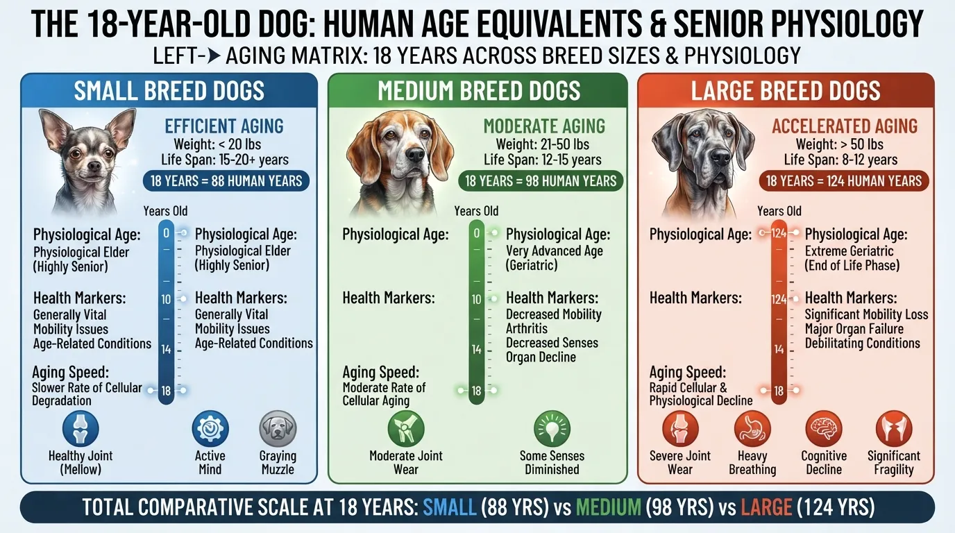 Comprehensive chart comparing 18 human years to dog years categorized by small, medium, and large dog breeds.