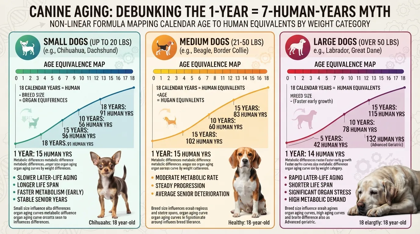 Infographic chart comparing 18 dog years to human years categorized by small, medium, and large dog sizes to show how canine age is really calculated.