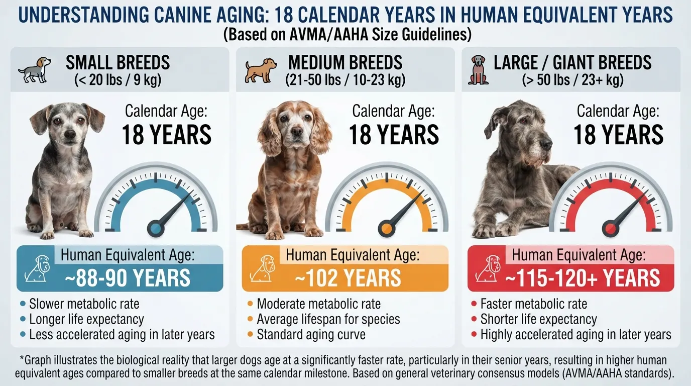 Infographic chart comparing 18 dog years to human years categorized by small, medium, and large dog sizes using the AVMA and AAHA calculation method.