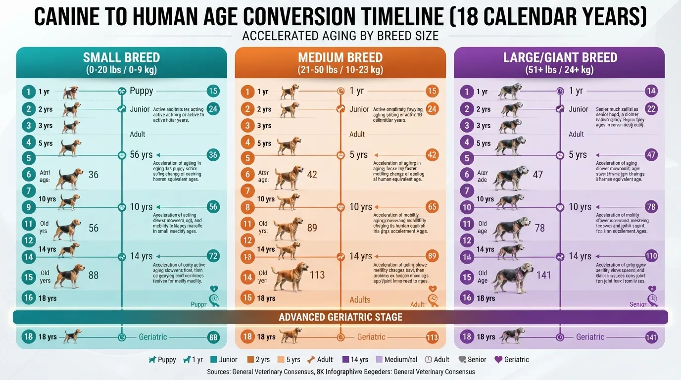 Infographic chart comparing 18 dog years to human years categorized by small, medium, and large dog sizes.