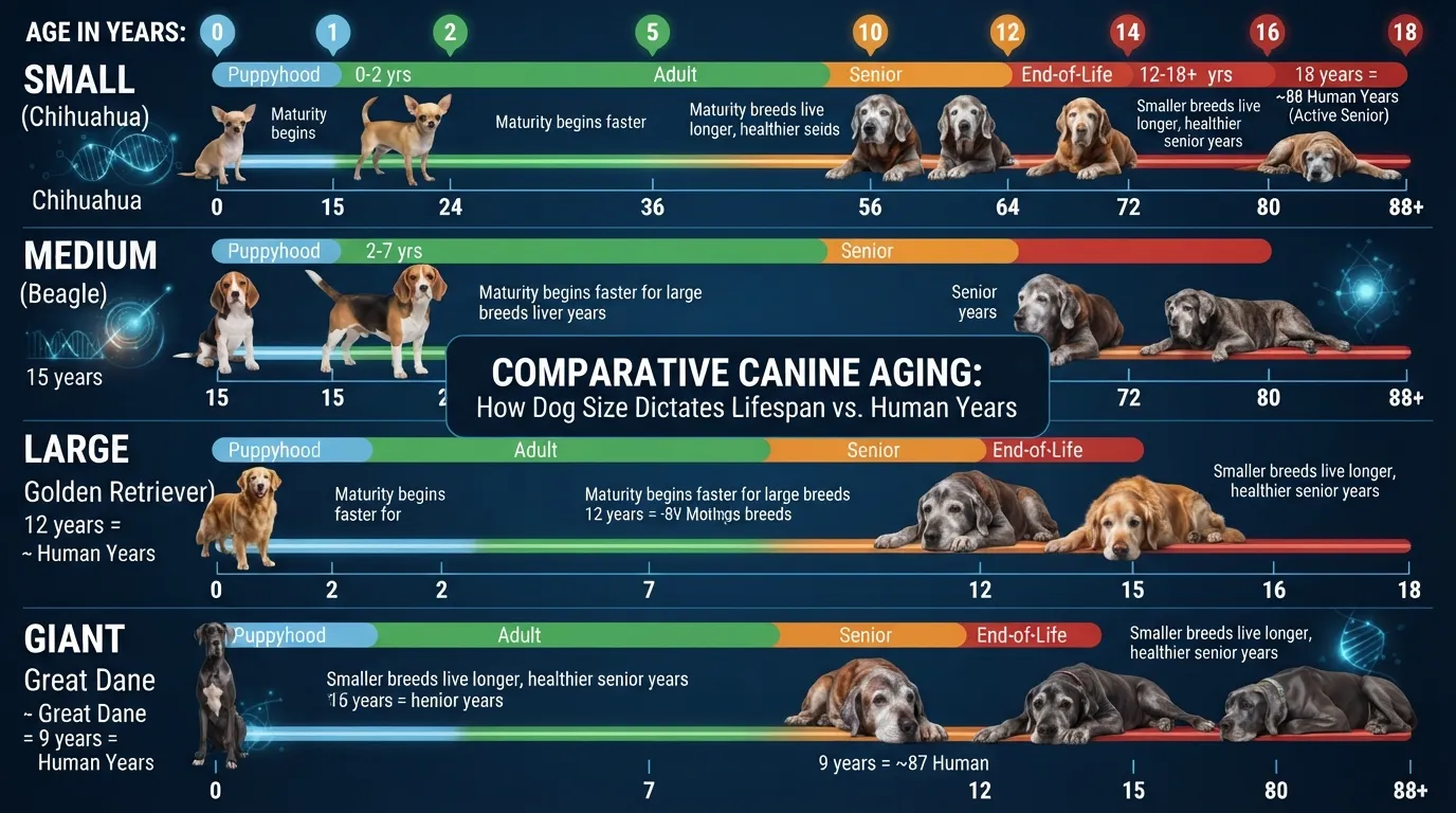 Comprehensive size-based comparison chart showing how 18 dog years convert to human years for small, medium, large, and giant dog breeds alongside life stage indicators.