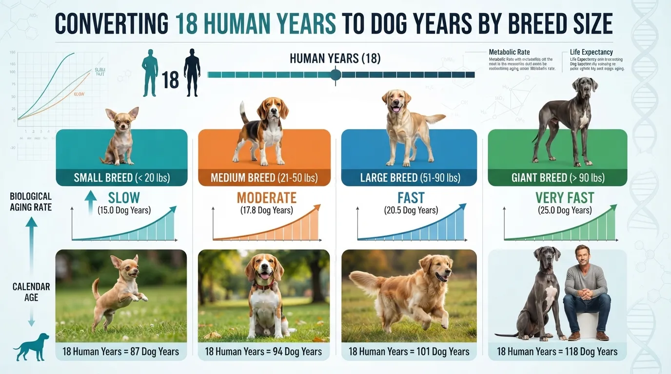 A comparative chart illustrating how 18 human years convert to dog years categorized by small, medium, large, and giant dog breeds.